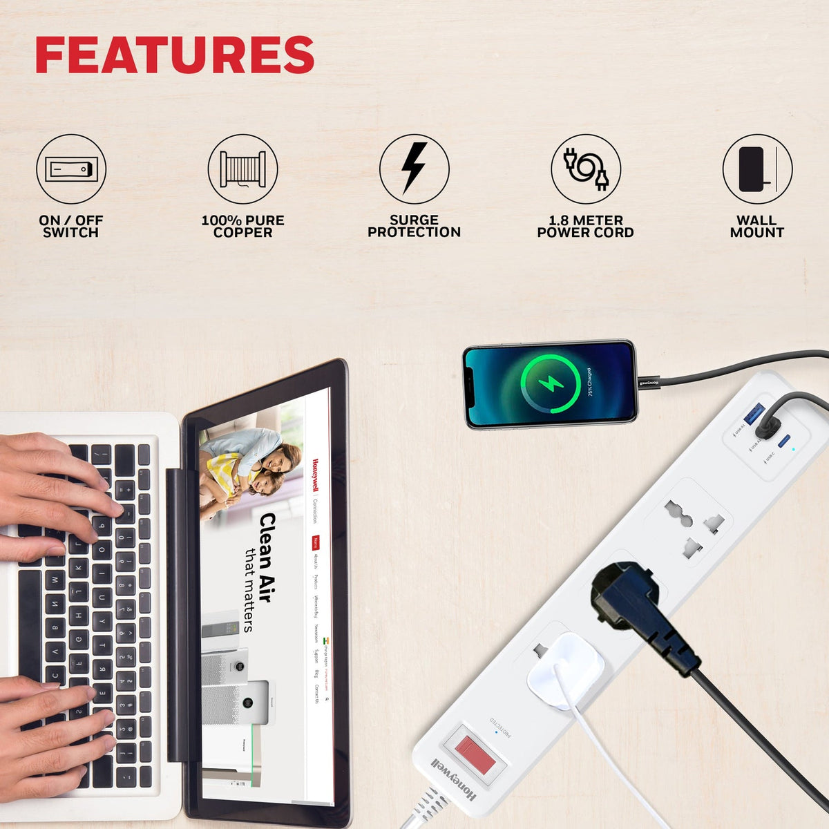 Honeywell Platinum 3-Outlet Surge Protector with Type-C PD 20W & 2 USB