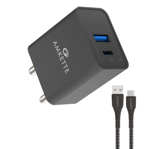 Amkette ChargePro 20W QC+PD Dual Port Wall Charger + Cable