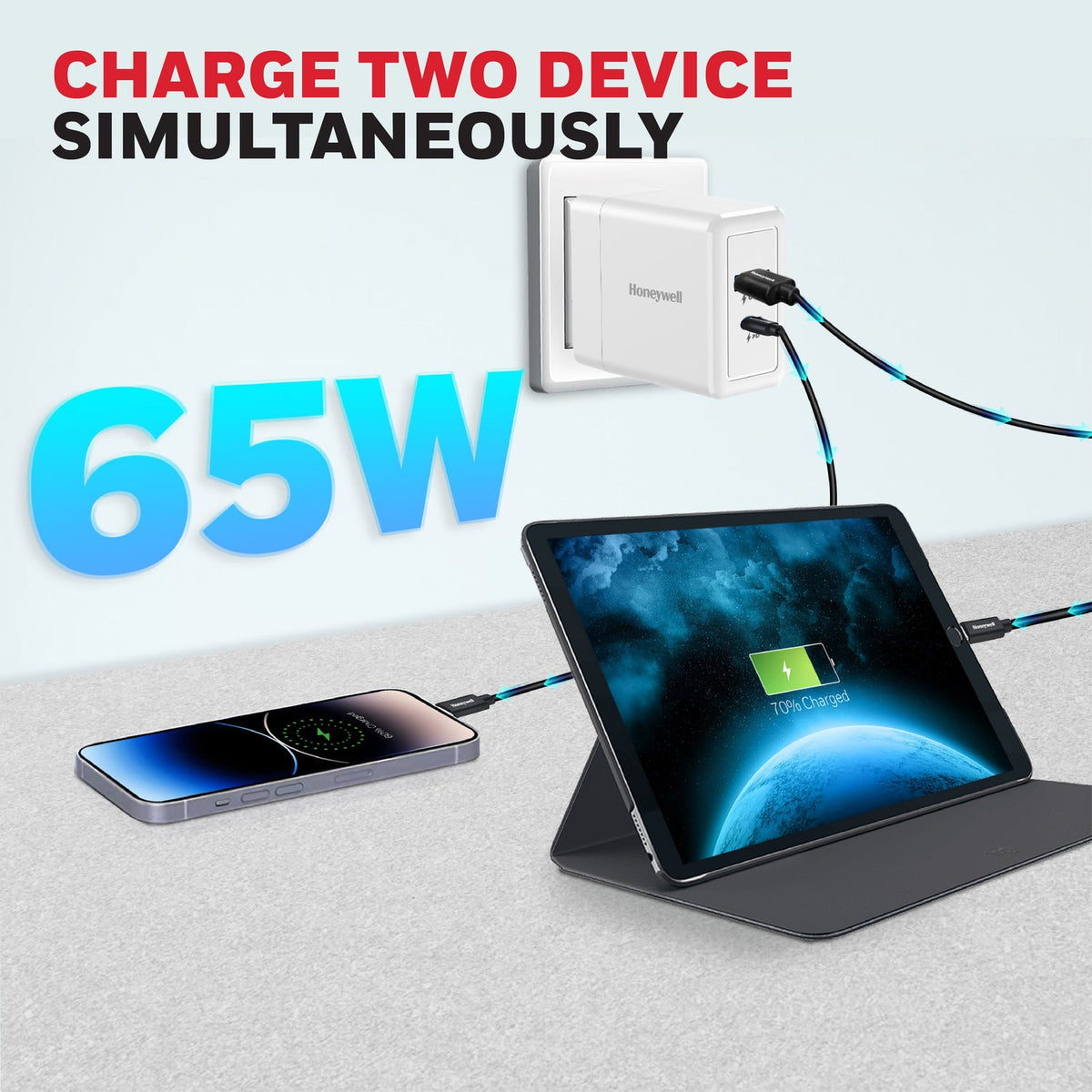 Honeywell Zest 65W GaN Charger – USB-A + Type-C (Platinum Series)
