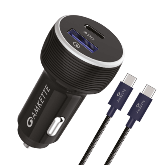 Amkette PowerPro 2 Port 36W PD QC Car Charger with C to C Cable